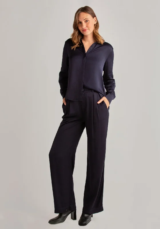 Comfortable Pants-Pleated Wide Leg Trouser - Navy Eclipse