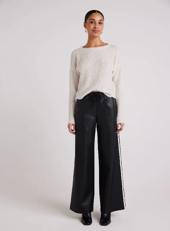 Travel Pants-Coated Faux Leather  Wide Leg  Pant - Black