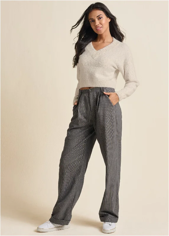 Soft Cotton Pants-Stripe Wide Leg Trousers - Grey & Gold