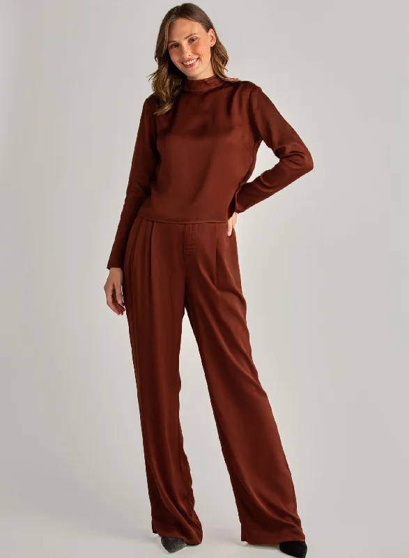 Sporty Pants-Pleated Wide Leg Trouser - Brandy Wine