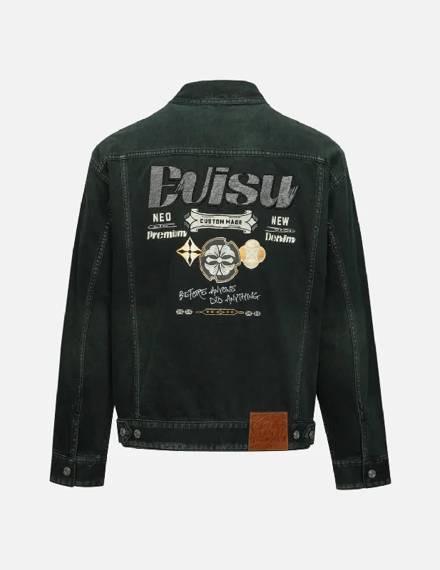 Weatherproof Jacket-Green Tone Washed Effect with Logo Embroidery Loose Fit Denim Jacket