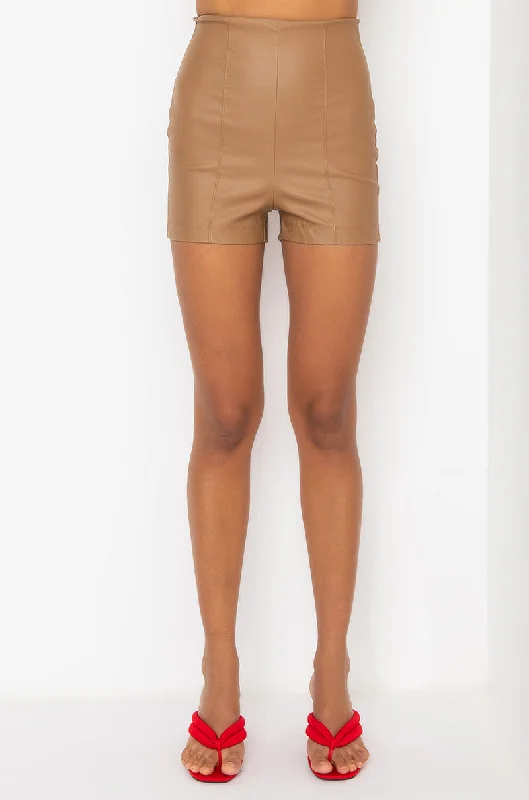 Casual Everyday Shorts-CLUB HIGH WAISTED PLEATHER SHORTS LIGHT BROWN