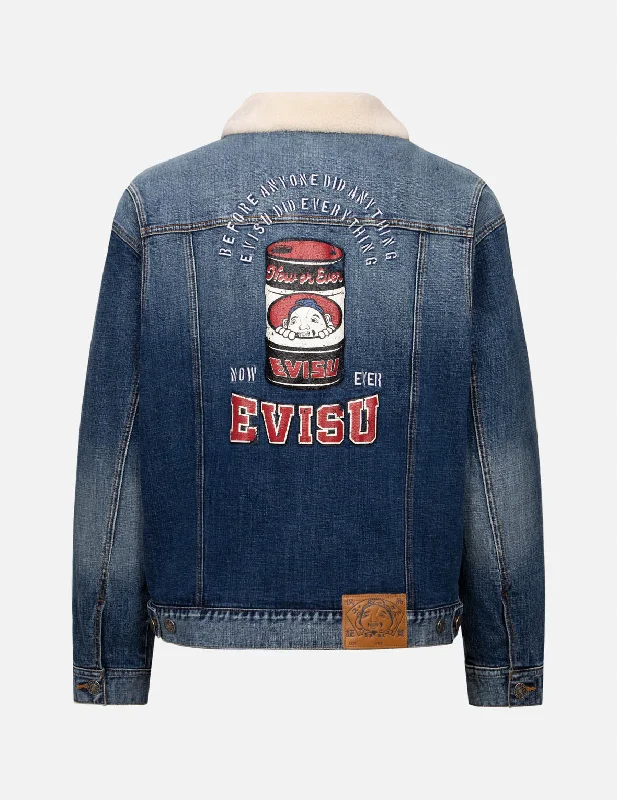 Modern Fit Jacket-Peeping Godhead and Oil Drum Print Loose Fit Sherpa Denim Jacket