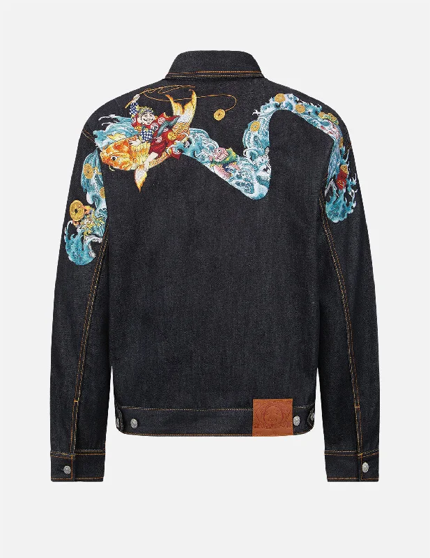 Urban Jacket-“The God of Fortune Riding Waves” Daicock Embroidery Denim Jacket