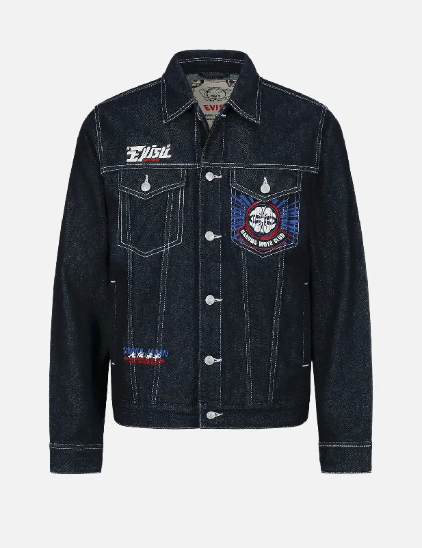 Leather Jacket-Motorcycle Daruma Embroidered Denim Jacket