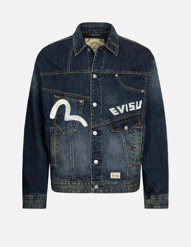 Vintage Jacket-Daicock Print Loose Fit Deconstructed Denim Jacket