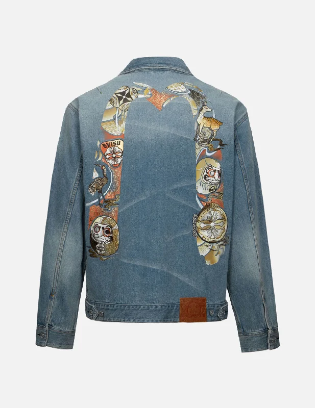 Outdoor Sports Jacket-Hanafuda Daruma Daicock Embroidery Relax Fit Denim Jacket