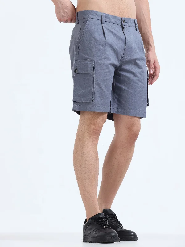 Trendy Shorts-Soft Cotton Pleated Stone Blue Cargo Shorts