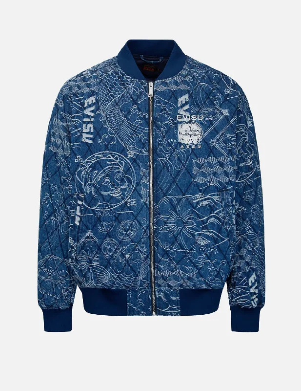 Travel-Friendly Jacket-Allover Japanese-Pattern Jacquard Quilted Bomber Jacket