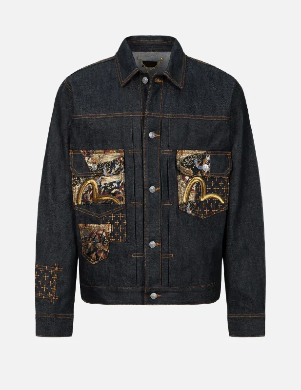 Stylish Outdoor Jacket-Seagull Embroidery and Brocade Pocket Relax Fit Denim Jacket