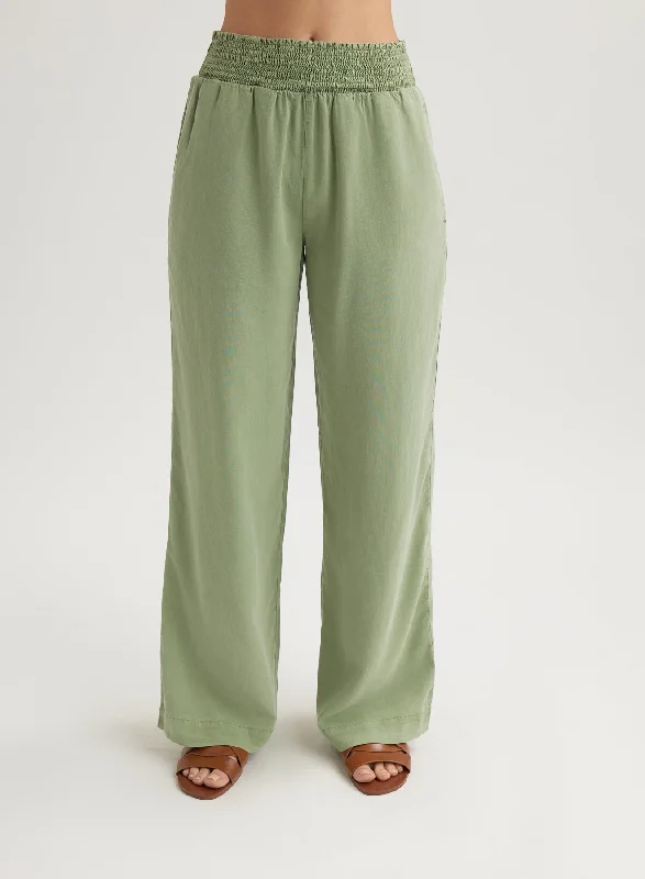 Breathable Pants-Smocked Waist Wide Leg Pant - Olive Grove