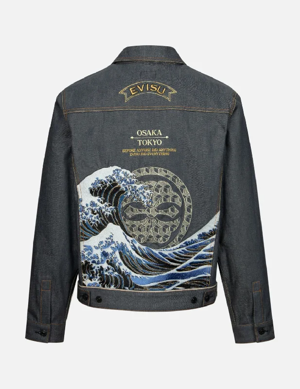 Active Lifestyle Jacket-Seagull and The Great Wave Embroidery Regular Fit Denim Jacket