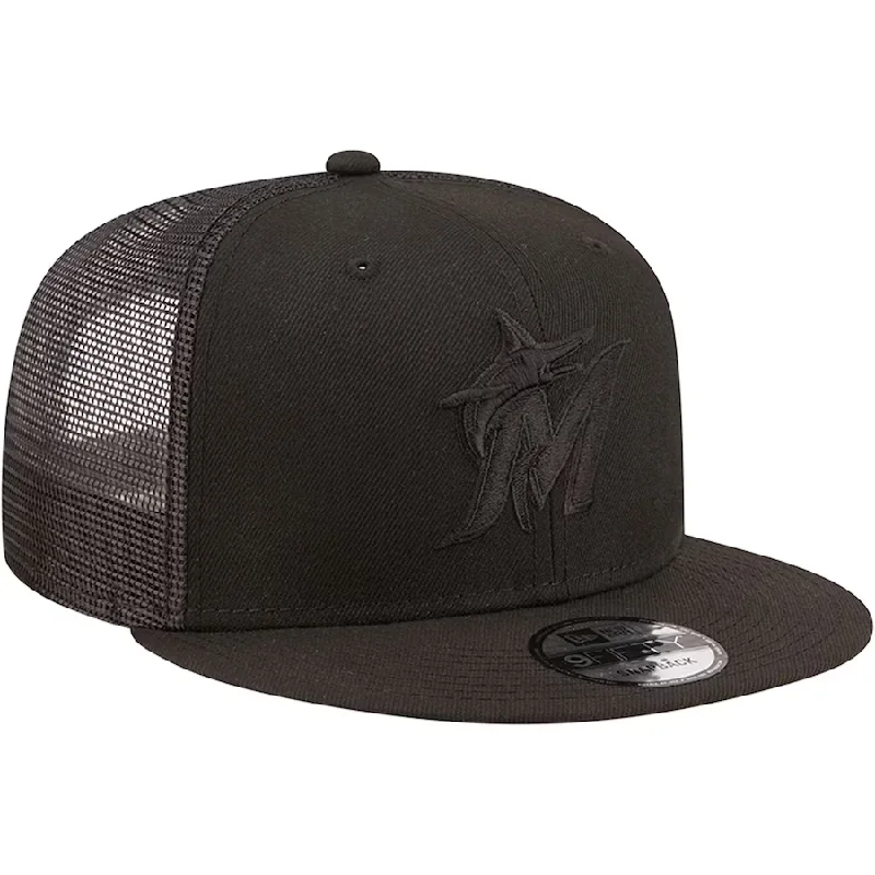 Stylish Knit Hat-New Era Miami Marlins Blackout 9FIFTY Trucker Snapback Hat