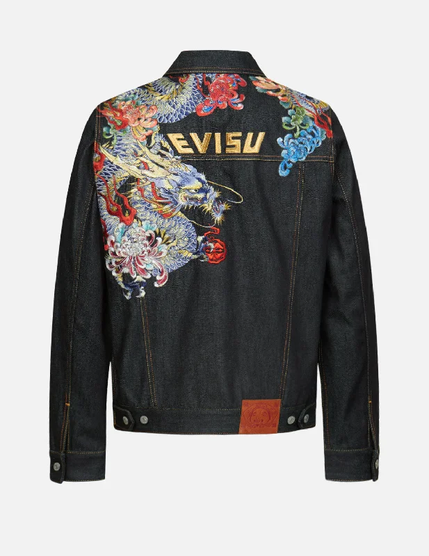 Professional Jacket-Ukiyo-e Dragon and Chrysanthemum Embroidered Denim Jacket