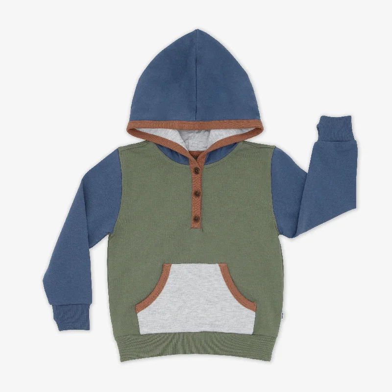 Warm Hoodie-Moss Colorblock Henley Hoodie