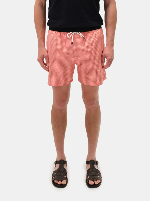 Everyday Casual Shorts-Sinopia Orange Medallion Printed Swim Shorts