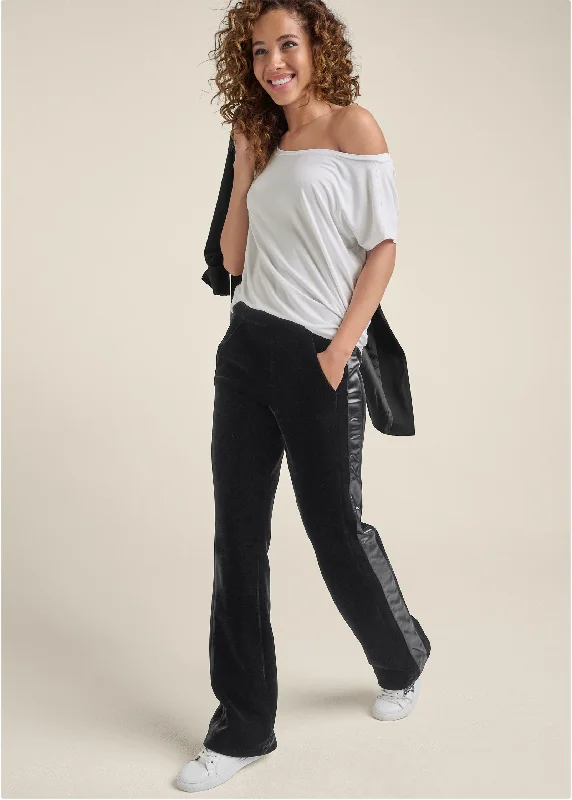 Classic Fit Pants-Velvet Satin Wide-Leg Pants  - Black