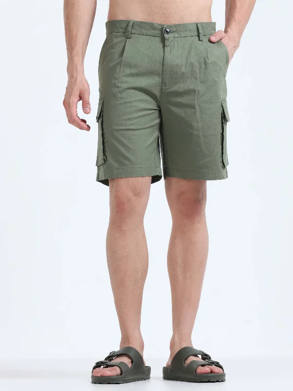 Loose Fit Shorts-Soft Cotton Pleated Olive Cargo Shorts