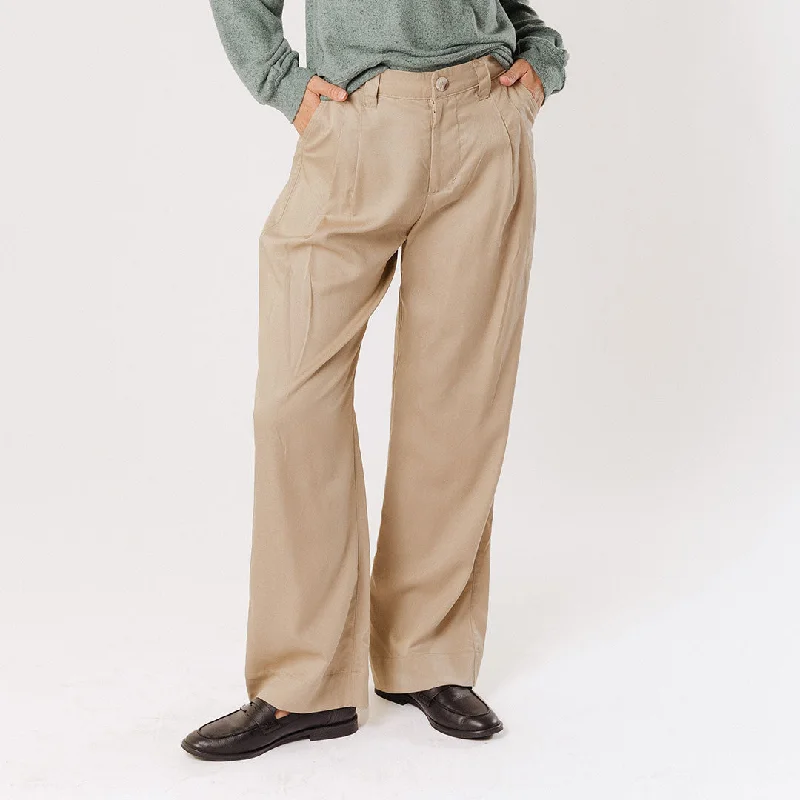 Relaxed Fit Pants-Pleated Trouser, Brown Cotton