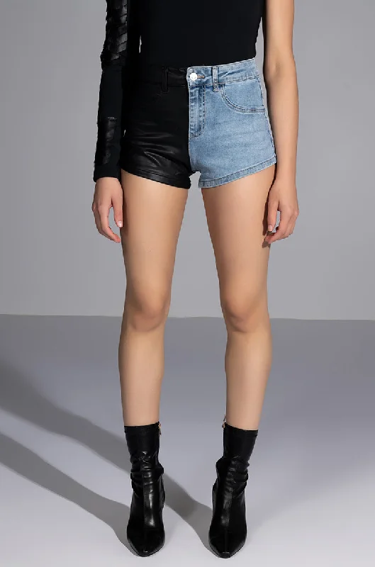 Premium Shorts-FLEX FIT EXTREME STRETCH FAUX LEATHER AND DENIM SHORTS