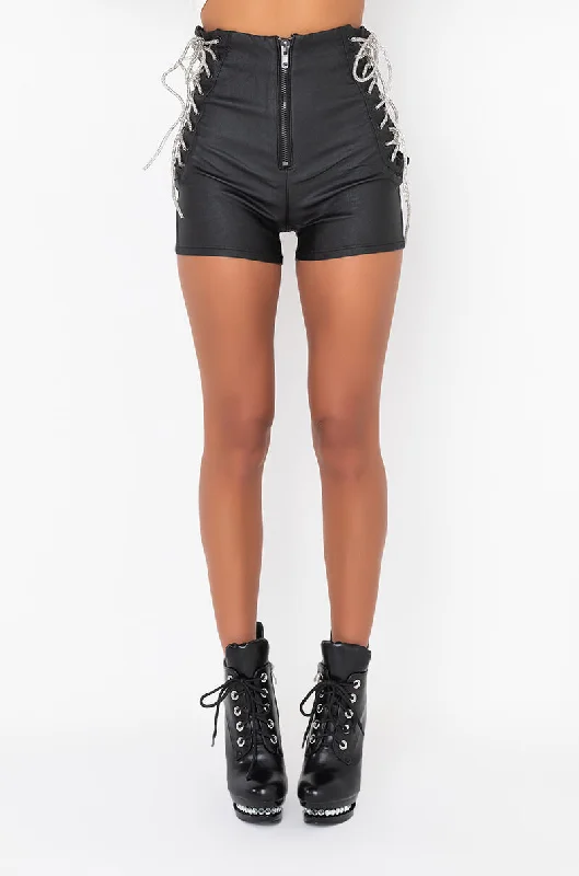 Adventure Ready Shorts-MARGOT RHINESTONE LACE UP FAUX LEATHER SHORTS