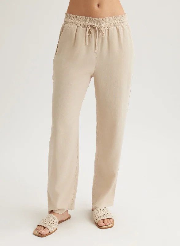 Athletic Jogger Pants-Smocked Waist Trousers - Linen Sand