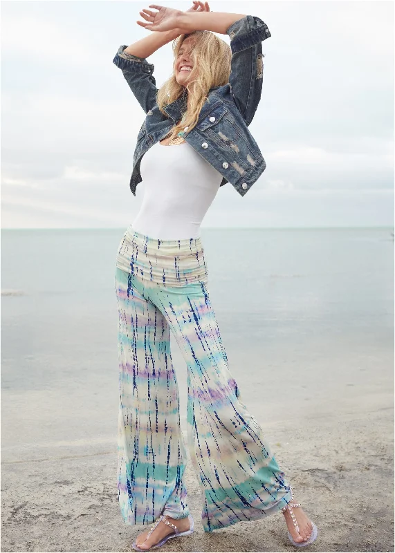 Stretch-Fit Pants-Tie Dye Fold Over Pants - White Multi