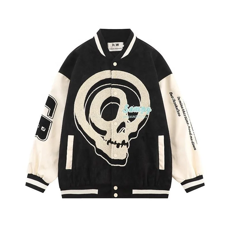 Urban Casual Jacket-Jacket Chenille Embroidery Skull Faux Leather Sleeves Varsity Jacket