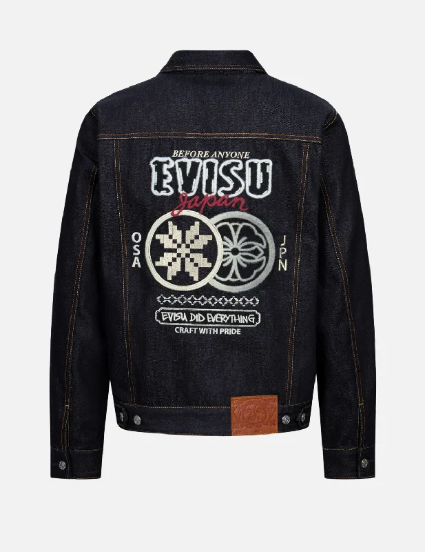 Motorcycle Jacket-Double Kamon Embroidery Regular Fit  Denim Jacket