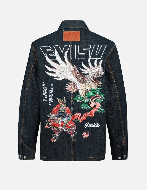 Breathable Jacket-Eagle and Samurai Embroidery Retro Denim Jacket