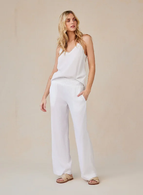 Slim-Tailored Pants-Smocked Waist Wide Leg - White