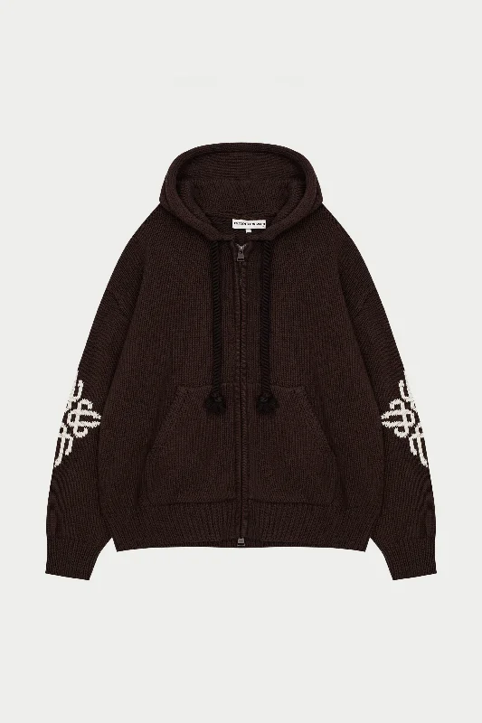 Sports Fan Hoodie-CHUNKY KNIT EMBLEM ZIP THROUGH HOODIE - CHOCOLATE