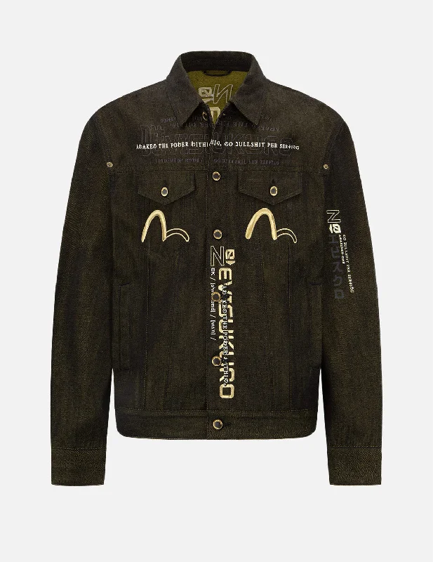 Trench Coat Jacket-Multi-Language Logo Embroidery Denim Jacket