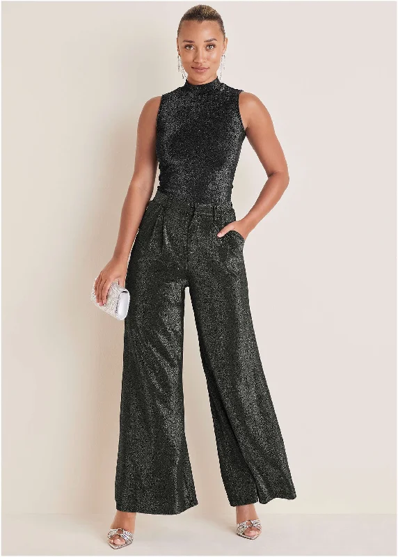 Custom Fit Pants-Glitter Knit Wide Leg Pants - Jet Black Glitter Knit