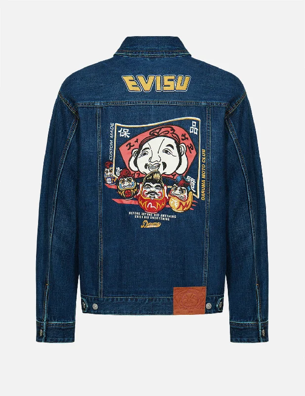 Casual Jacket-Godhead Flag and Daruma Embroidered Denim Jacket