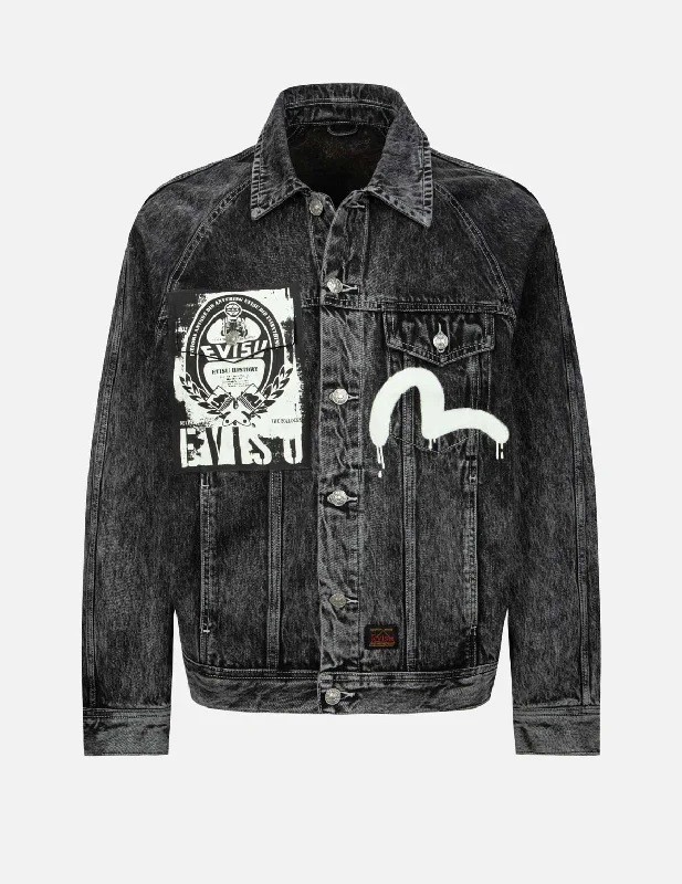 Cool Weather Jacket-Poster Graphic and Seagull Print Loose Fit Denim Jacket