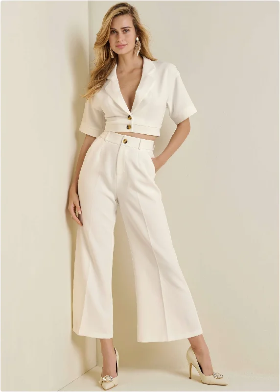 Skinny Pants-Flare Leg Suiting Set - Off White