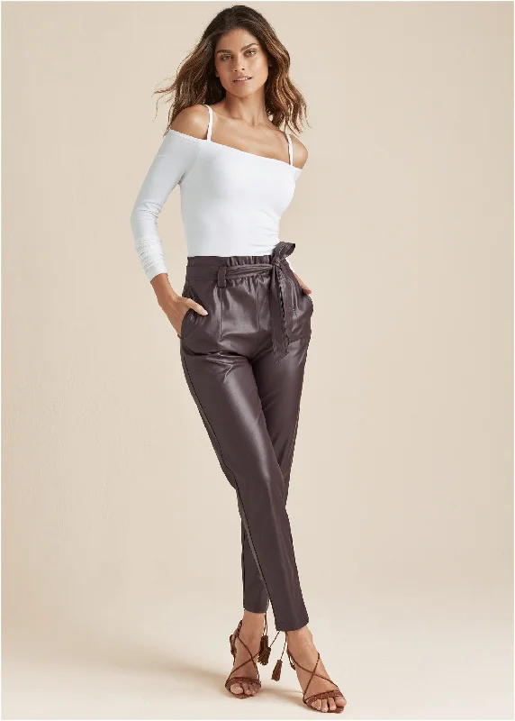 High-Waisted Pants-Belted Faux-Leather Pants - Dark Brown