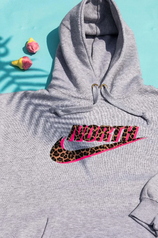 Comfort Hoodie-NORTH Grey Hoodie with Leopard Print and Neon Pink