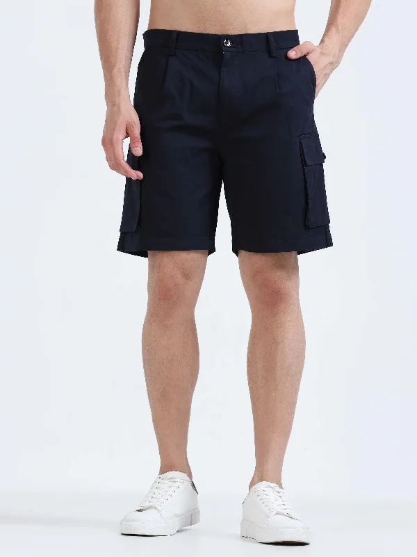 Drawstring Shorts-Soft Cotton Pleated Navy Cargo Shorts