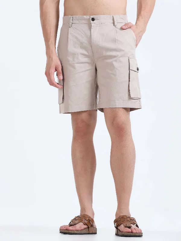 Performance Shorts-Soft Cotton Pleated Beige Cargo Shorts