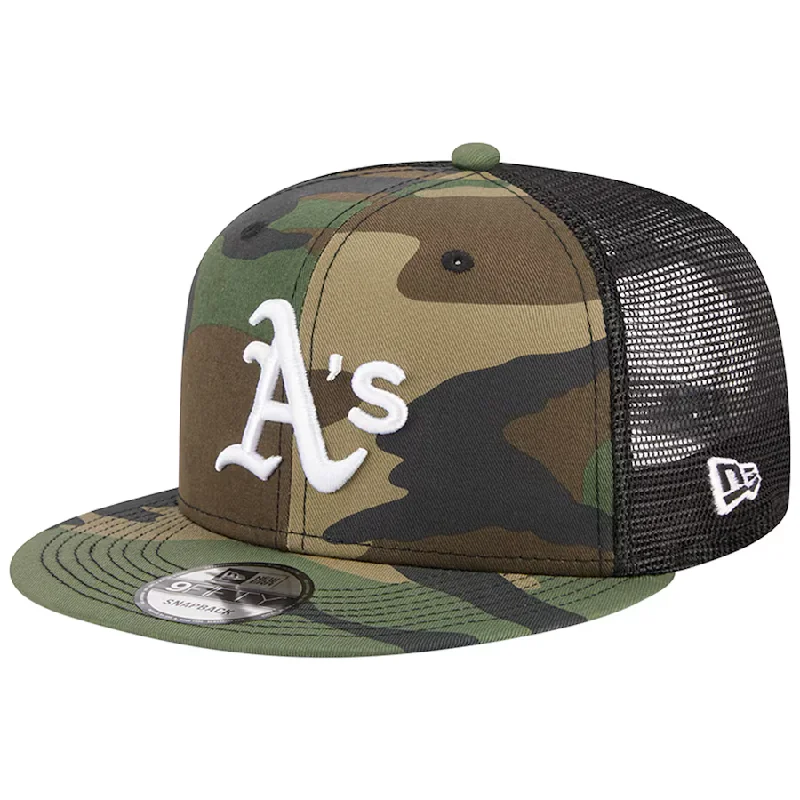 Protective Hat-New Era Oakland Athletics Woodland Camo Trucker 9FIFTY Snapback Hat-Camo/Black