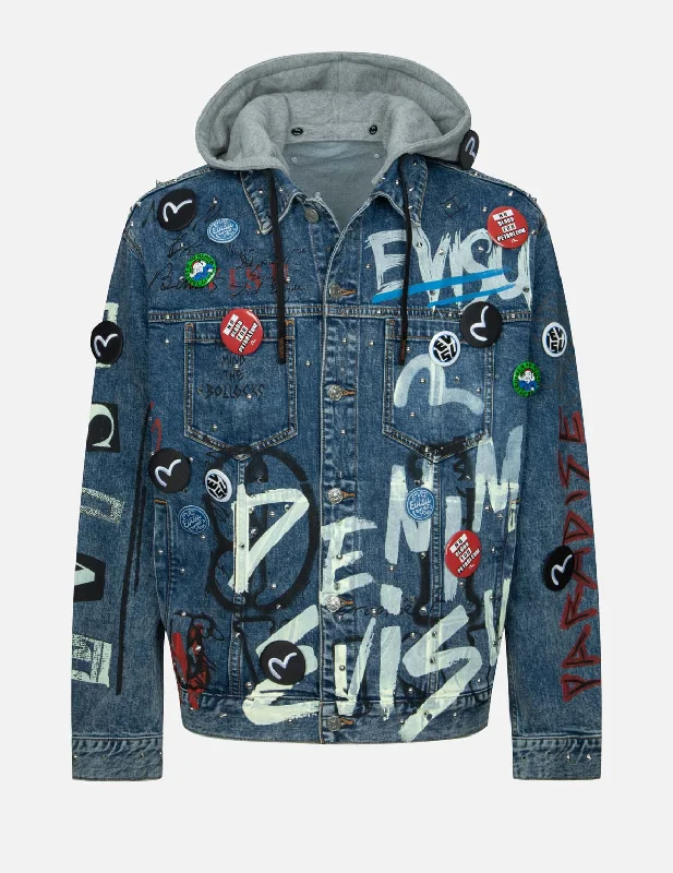 Outdoor Jacket-Allover Studs and Pins Loose Fit Denim Jacket