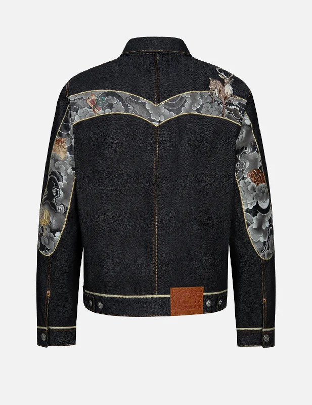 Stylish Jacket-Deer Embroidery with Treasure Daicock Print Regular Fit Denim Jacket