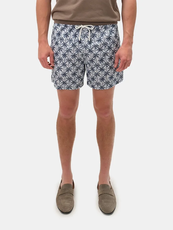 Utility Shorts-Stone Blue Palm Tree Printed Swim Shorts