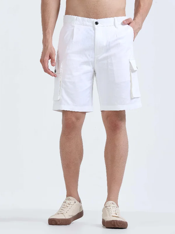 Active Shorts-Soft Cotton Pleated White Cargo Shorts