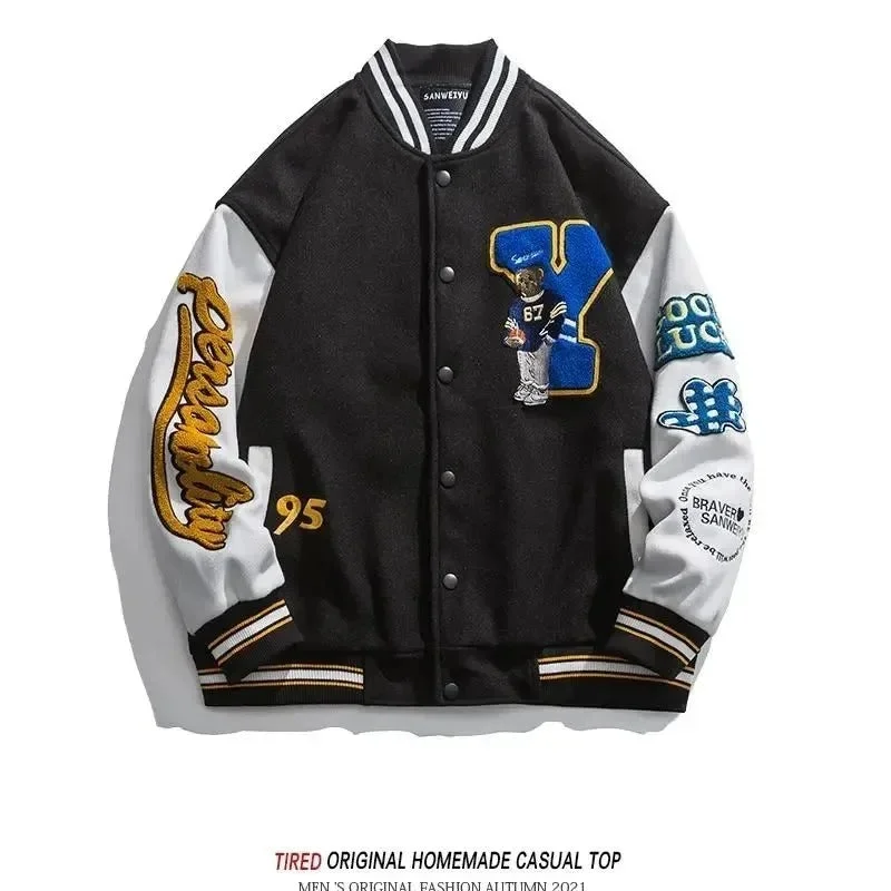 Modern Fit Jacket-Men Varsity Bomber Bear Embroidery Letterman University Jacket