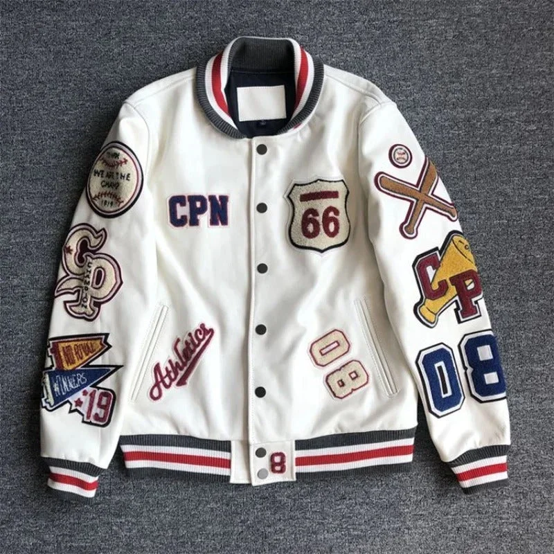 Eco-Friendly Jacket-Men's White retro trend Varsity jacket