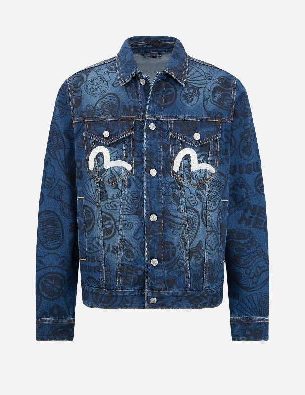 Urban Casual Jacket-Allover EVISU Squad Discharge-Print Denim Jacket