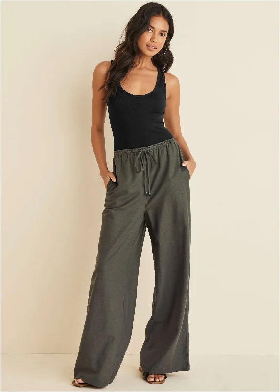 Dress Pants-Cotton Linen Wide Leg Pant - Olive